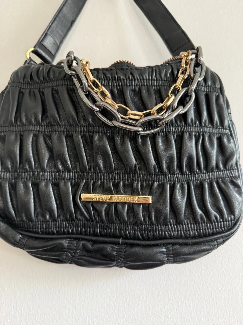 Steve Madden Black Quilted Shoulder Bag with Gold and Silver Chain Detail